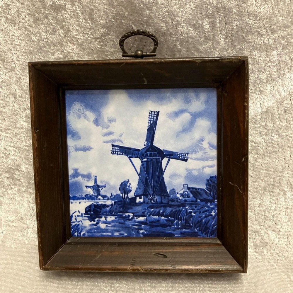 Dutch Delft Blue Windmill Wood Frame Ceramic Tile Wall Decor H&R Johnson England